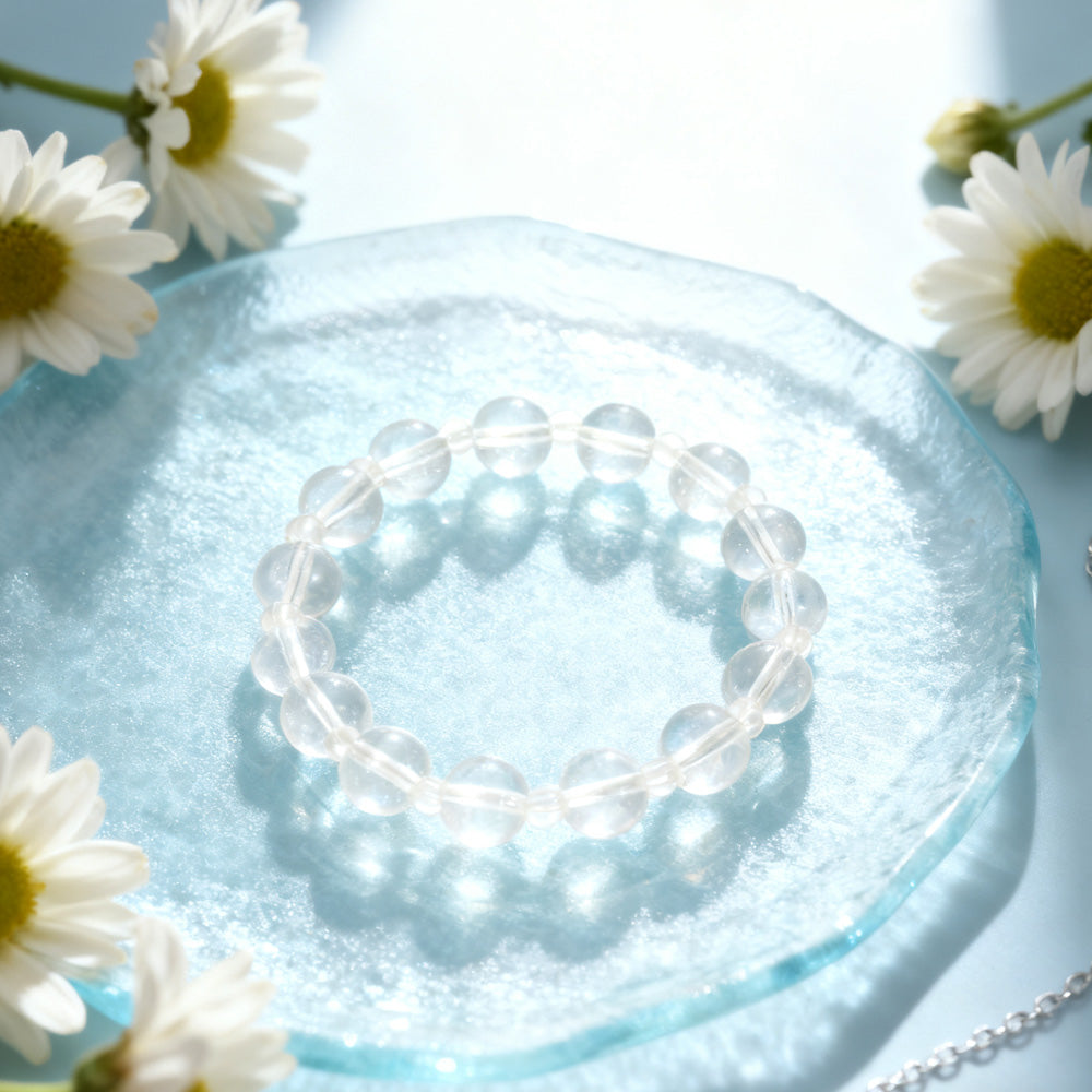 Natural White Crystal Stretch Bracelet for Men and Women – Beaded Elastic Bracelet with Round Gemstone Beads