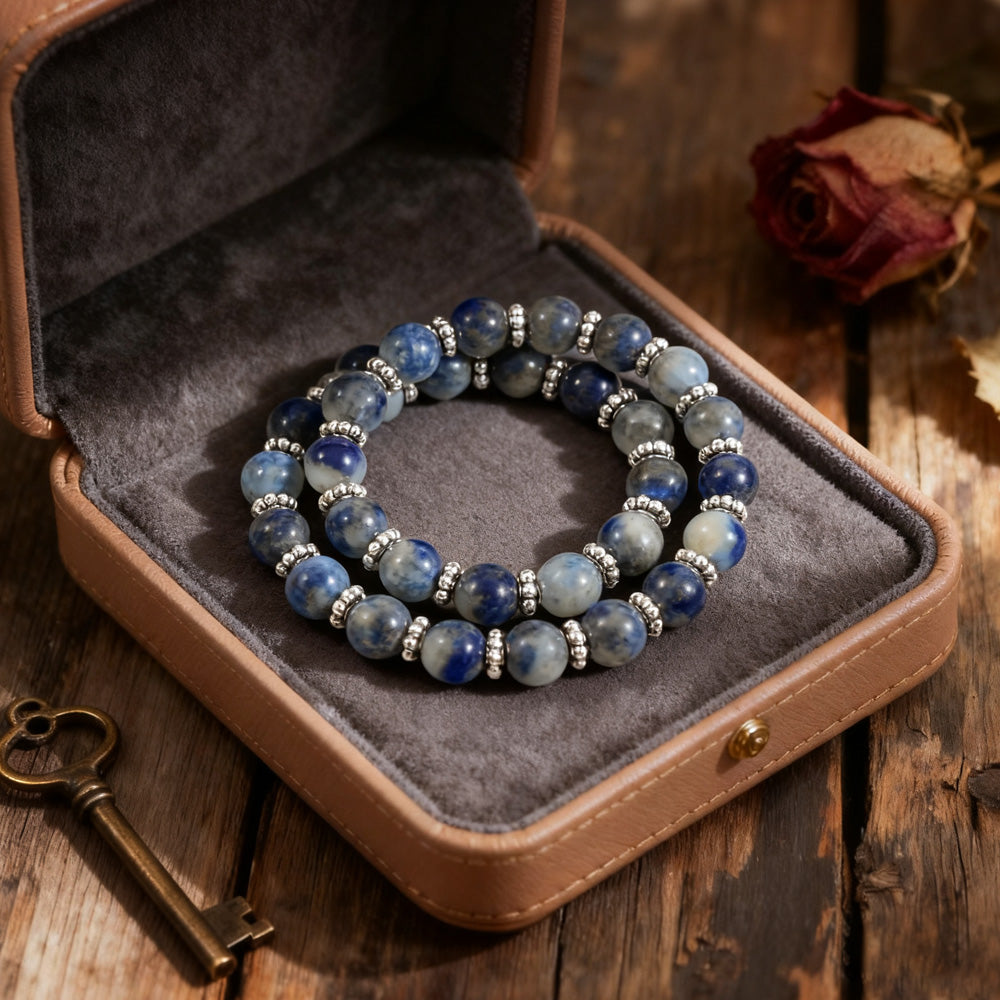 Healing Crystal Beaded Bracelet for Women – Natural Lapis Lazuli Double-Strand Bracelet with Heart Charm – Anxiety and Stress Relief Jewelry – Gift for Women