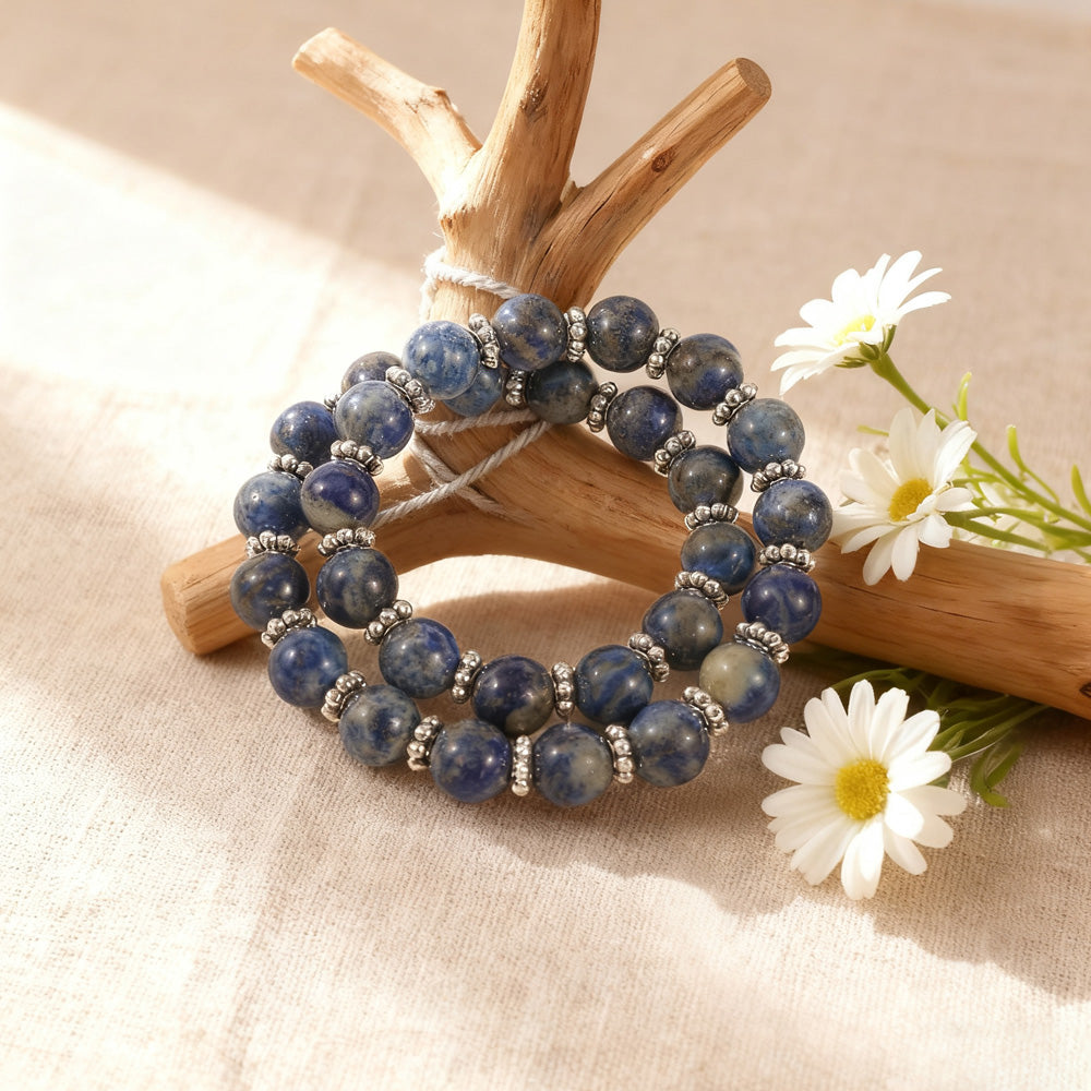 Healing Crystal Beaded Bracelet for Women – Natural Lapis Lazuli Double-Strand Bracelet with Heart Charm – Anxiety and Stress Relief Jewelry – Gift for Women