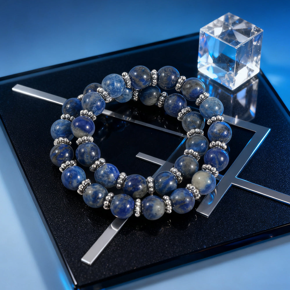 Healing Crystal Beaded Bracelet for Women – Natural Lapis Lazuli Double-Strand Bracelet with Heart Charm – Anxiety and Stress Relief Jewelry – Gift for Women