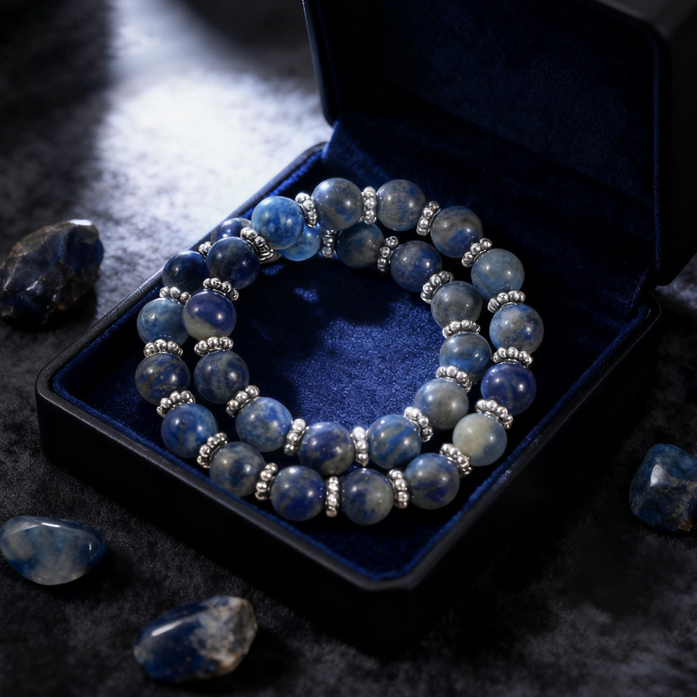Healing Crystal Beaded Bracelet for Women – Natural Lapis Lazuli Double-Strand Bracelet with Heart Charm – Anxiety and Stress Relief Jewelry – Gift for Women